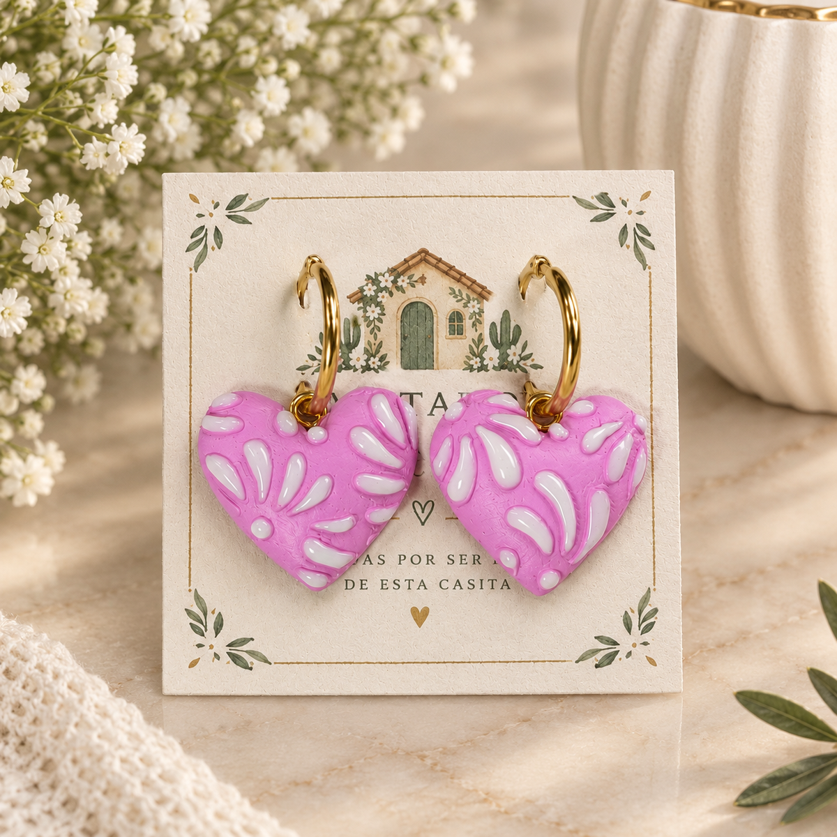 Mexican Talavera Clay earrings/ white on pink hearts