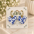 Mexican Talavera clay earrings/ blue Talavera on white heart
