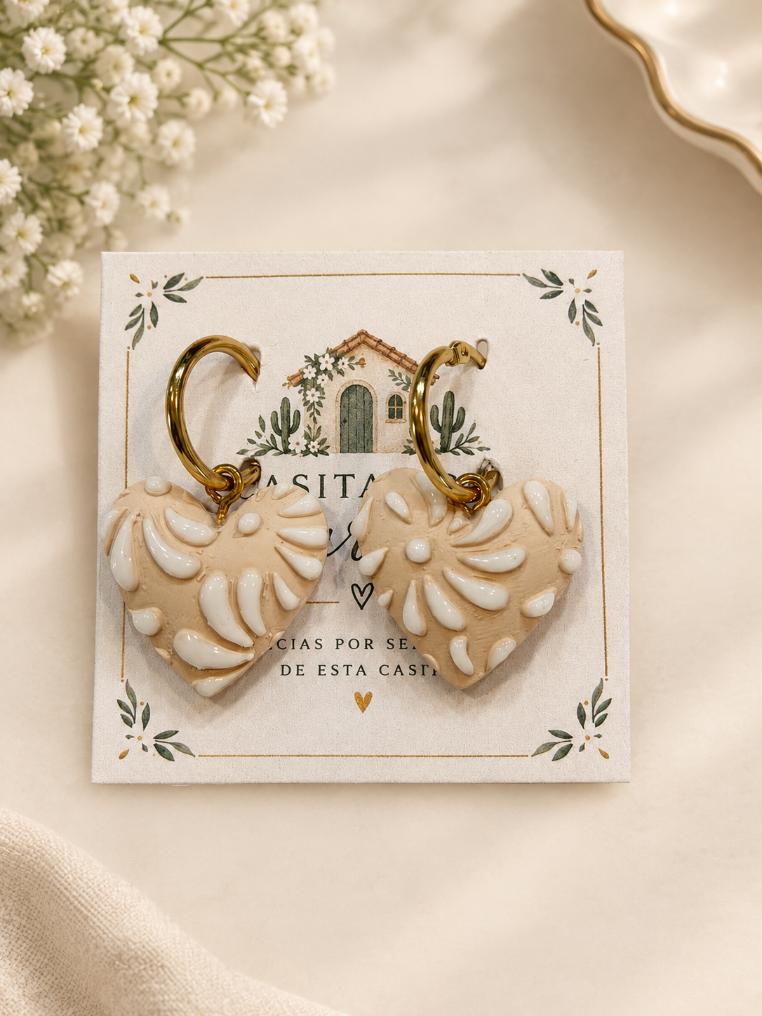 Mexican Talavera Clay earrings/ white on beige hearts